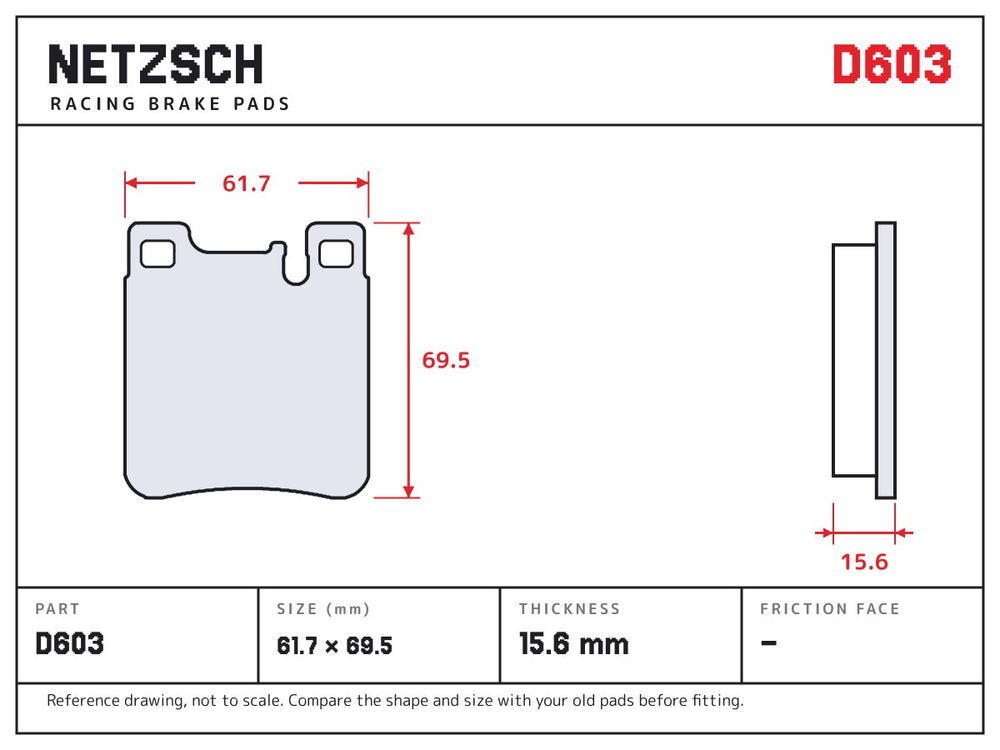 NETZSCH D603 brake pad drawing, 15.6 mm thick