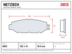 NETZSCH D613 brake pad drawing, 15.5 mm thick