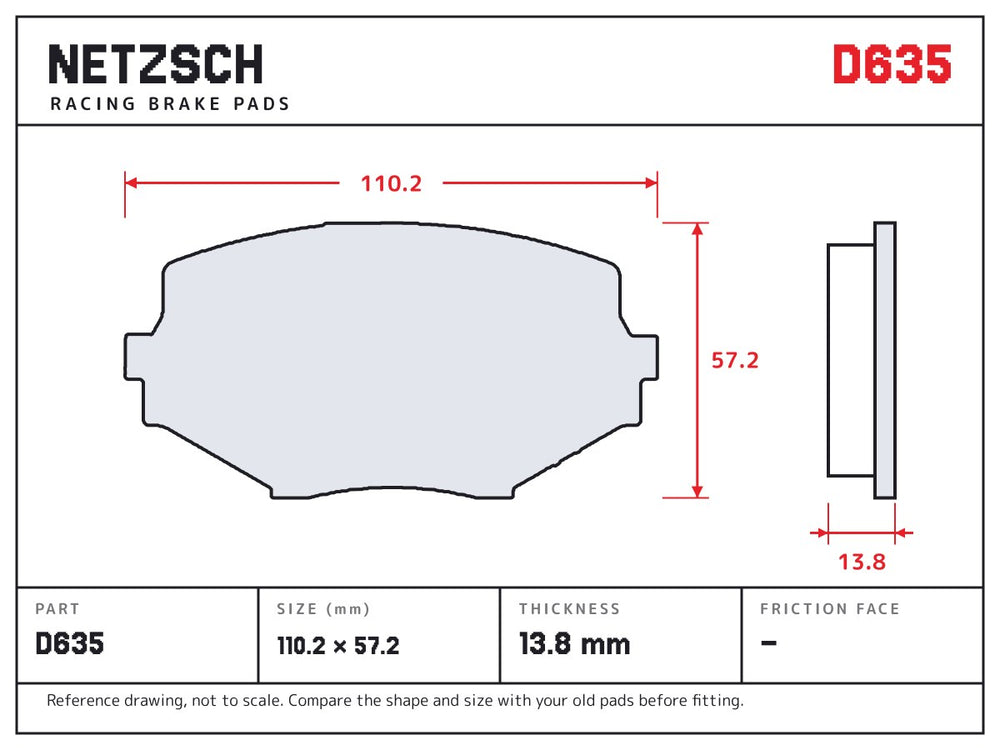 NETZSCH D635 brake pad drawing, 13.8 mm thick