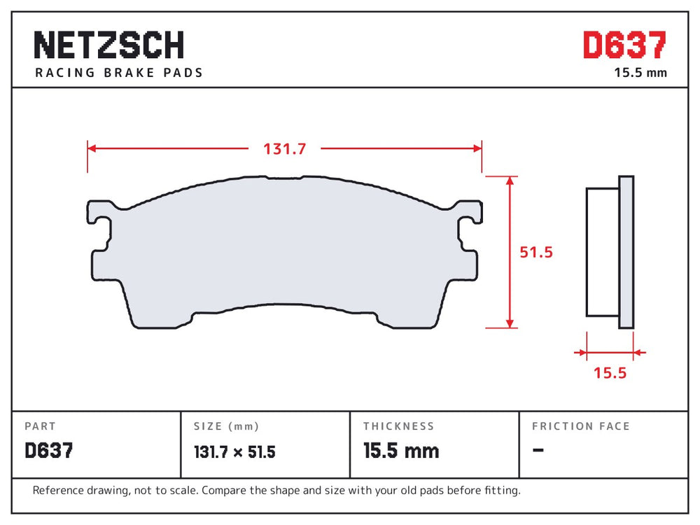 NETZSCH D637 brake pad drawing, 15.5 mm thick