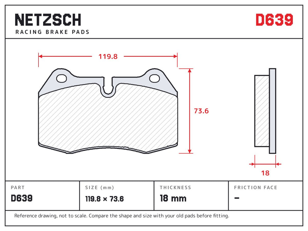 NETZSCH D639 brake pad drawing, 18 mm thick