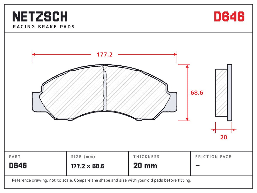 NETZSCH D646 brake pad drawing, 20 mm thick