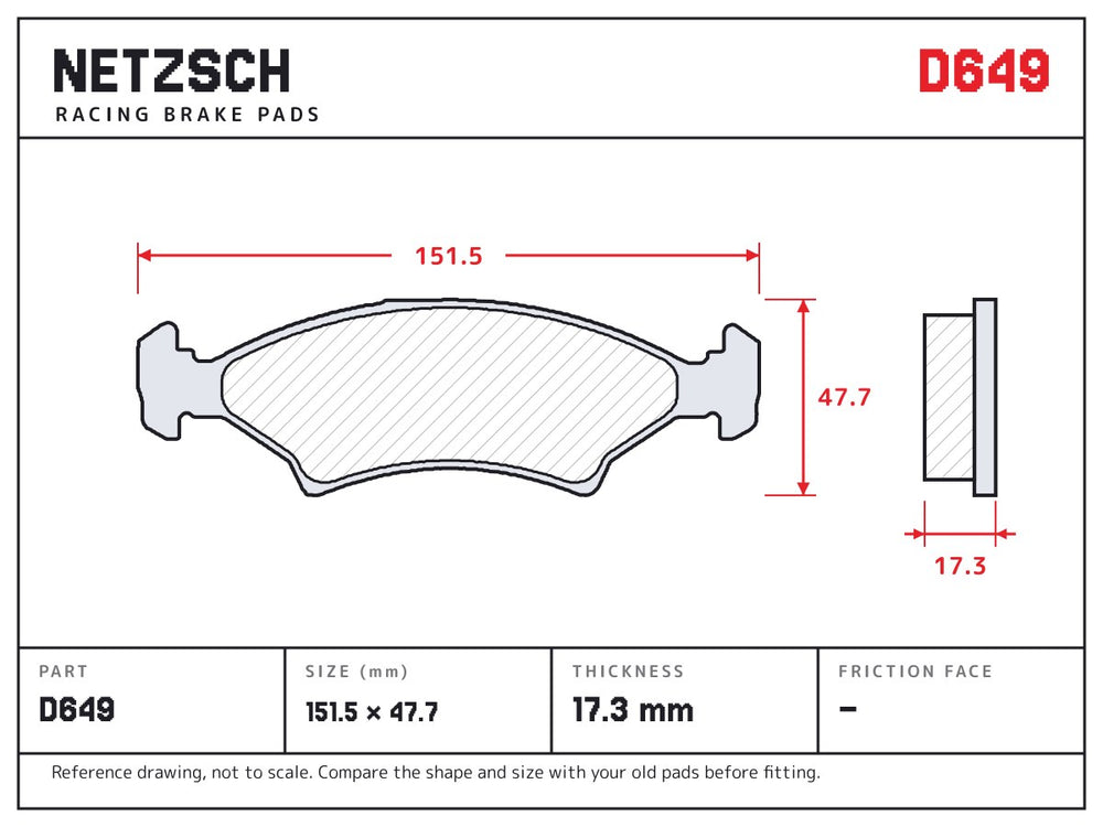 NETZSCH D649 brake pad drawing, 17.3 mm thick