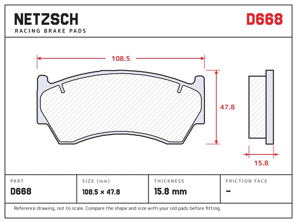 NETZSCH D668 brake pad drawing, 15.8 mm thick