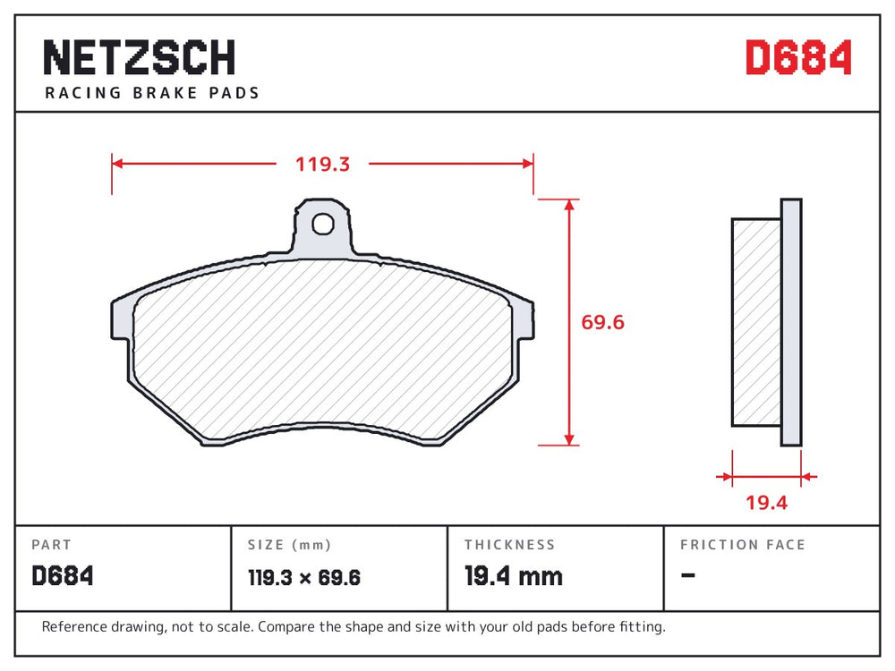 NETZSCH D684 brake pad drawing, 19.4 mm thick