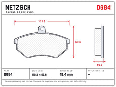 NETZSCH D684 brake pad drawing, 19.4 mm thick