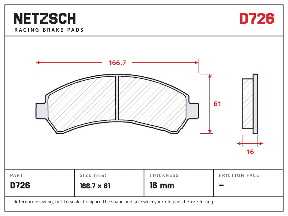 NETZSCH D726 brake pad drawing, 16 mm thick