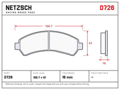NETZSCH D726 brake pad drawing, 16 mm thick