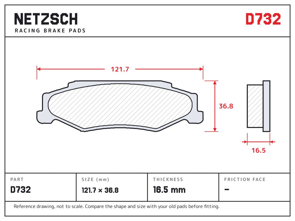NETZSCH D732 brake pad drawing, 16.5 mm thick
