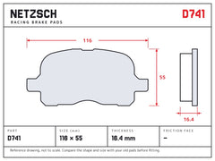 NETZSCH D741 brake pad drawing, 16.4 mm thick