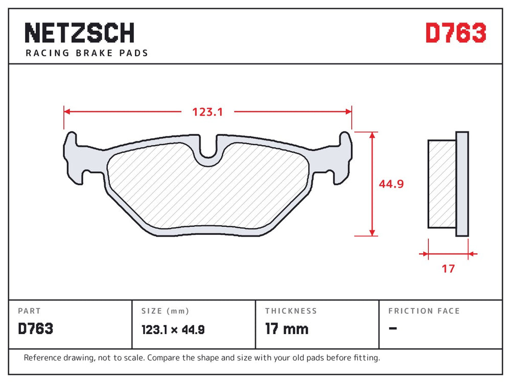 NETZSCH D763 brake pad drawing, 17 mm thick