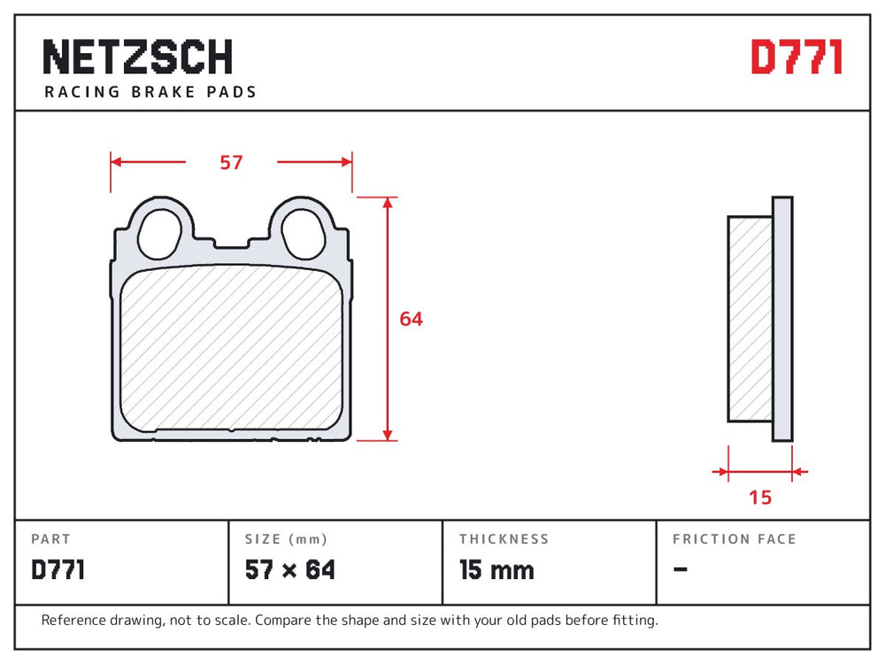 NETZSCH D771 brake pad drawing, 15 mm thick