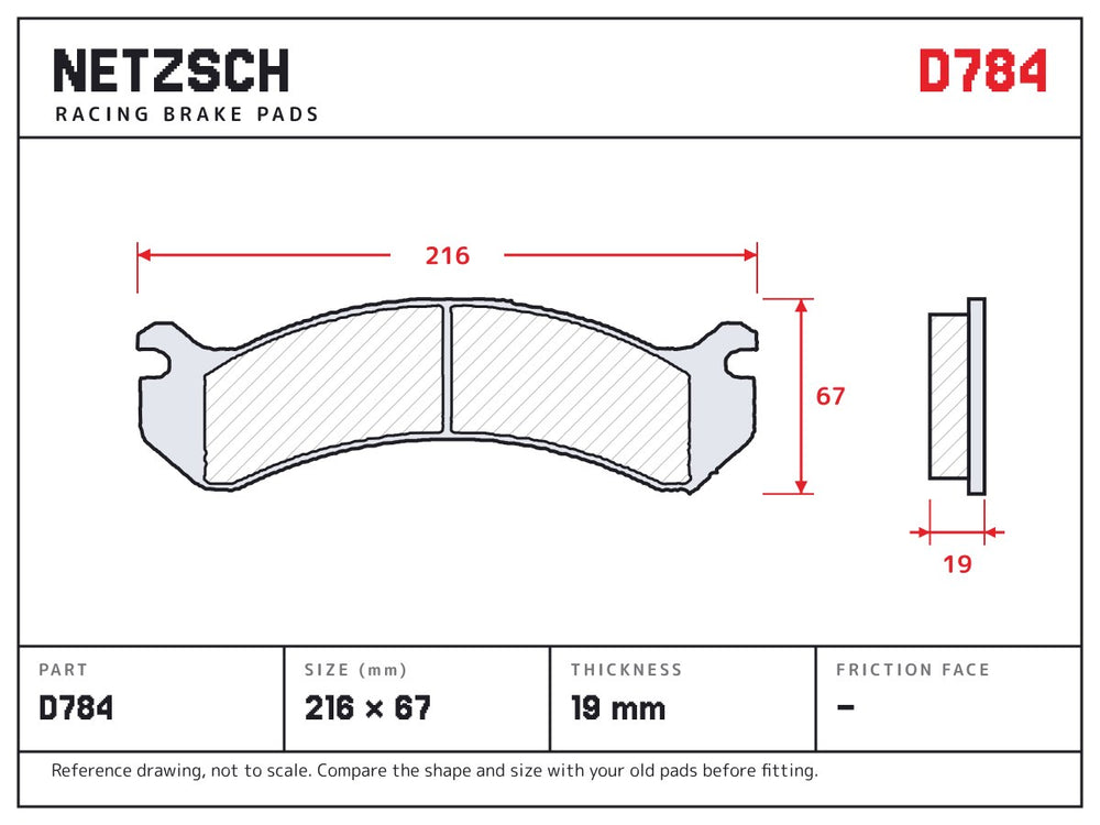 NETZSCH D784 brake pad drawing, 19 mm thick