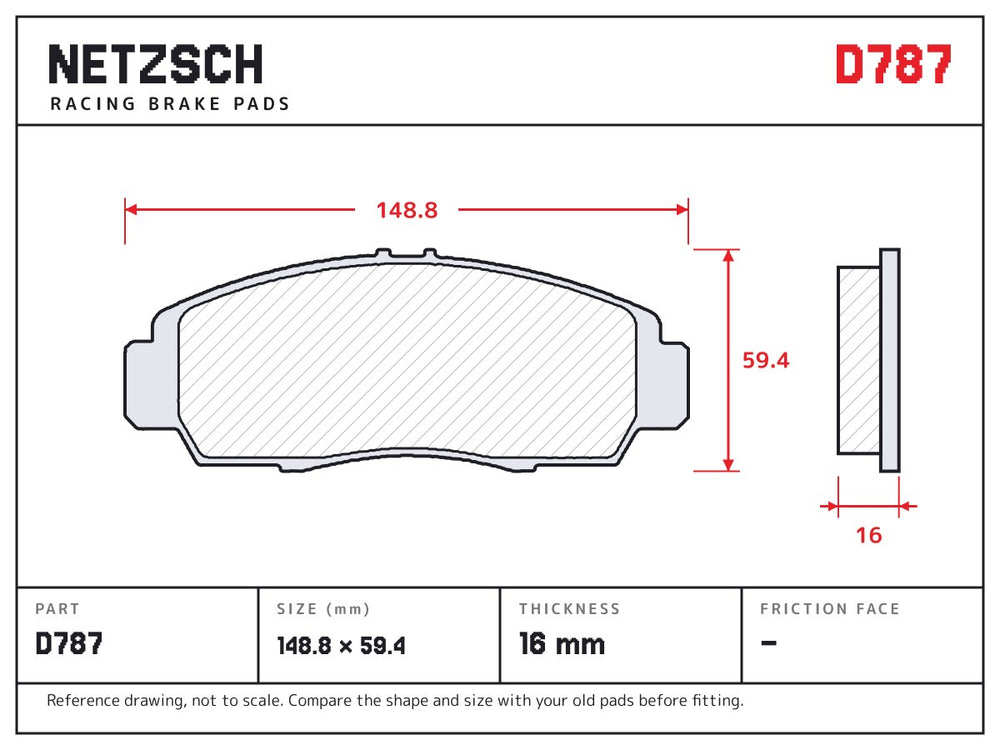 NETZSCH D787 brake pad drawing, 16 mm thick