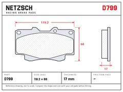 NETZSCH D799 brake pad drawing, 17 mm thick