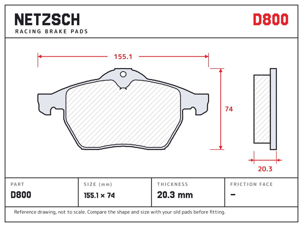 NETZSCH D800 brake pad drawing, 20.3 mm thick