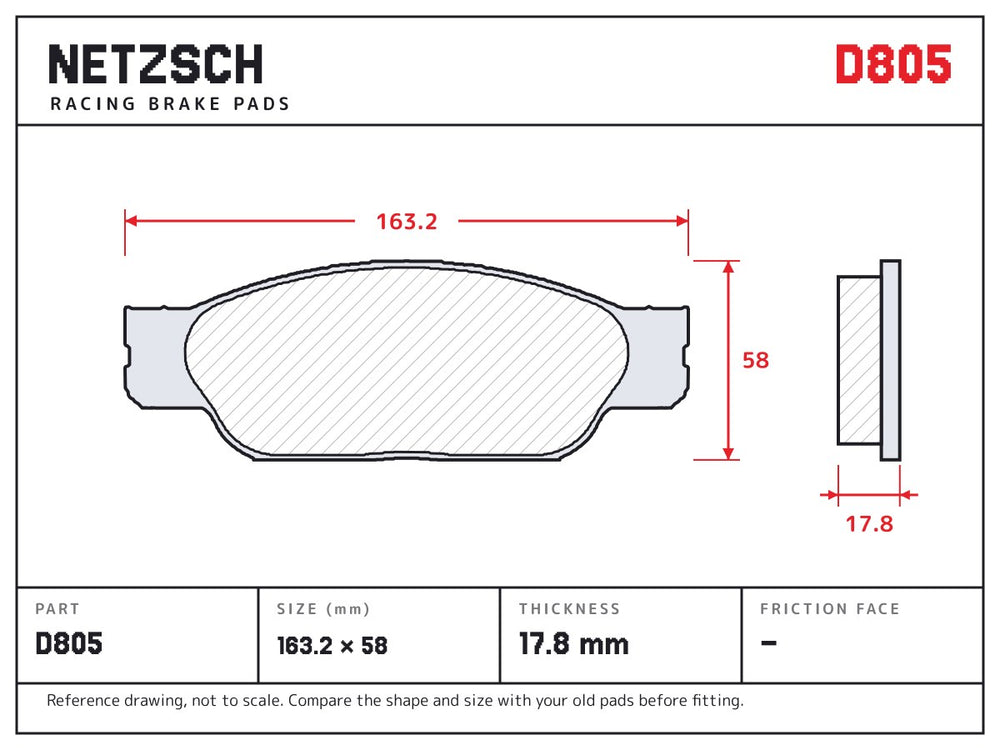 NETZSCH D805 brake pad drawing, 17.8 mm thick