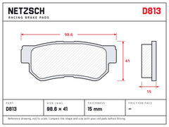 NETZSCH D813 brake pad drawing, 15 mm thick