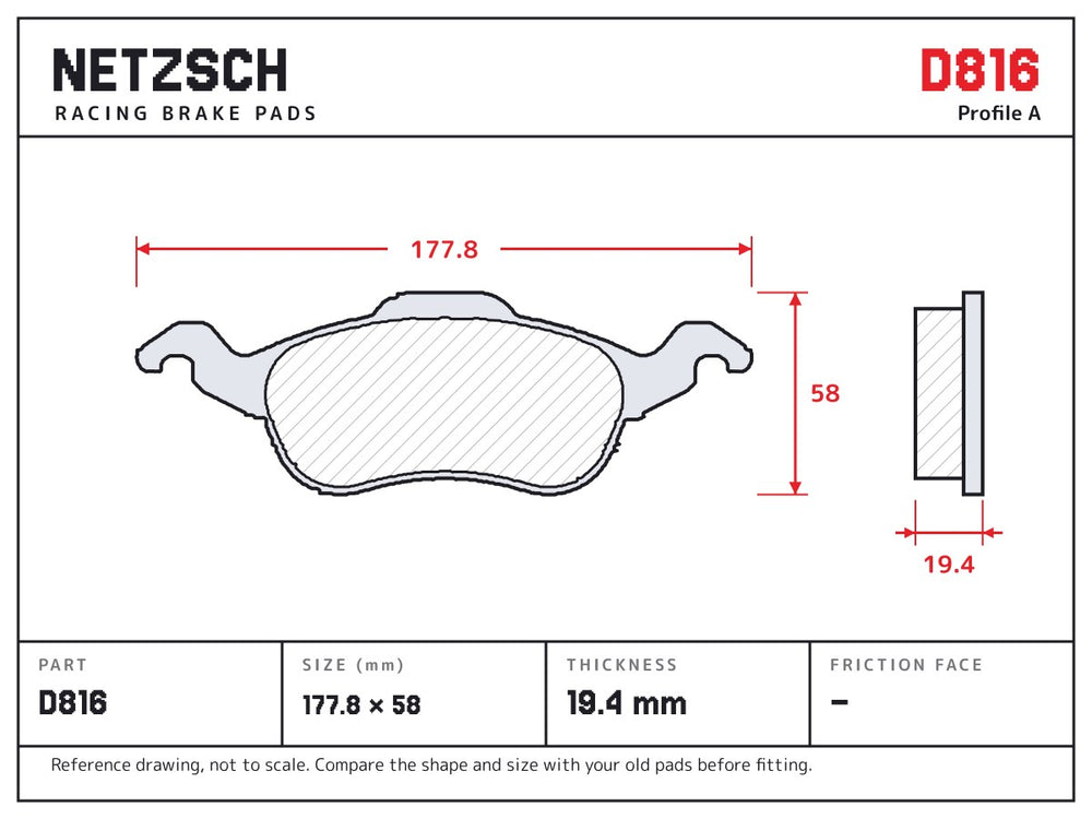 NETZSCH D816 brake pad drawing, 19.4 mm thick