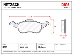 NETZSCH D816 brake pad drawing, 19.4 mm thick
