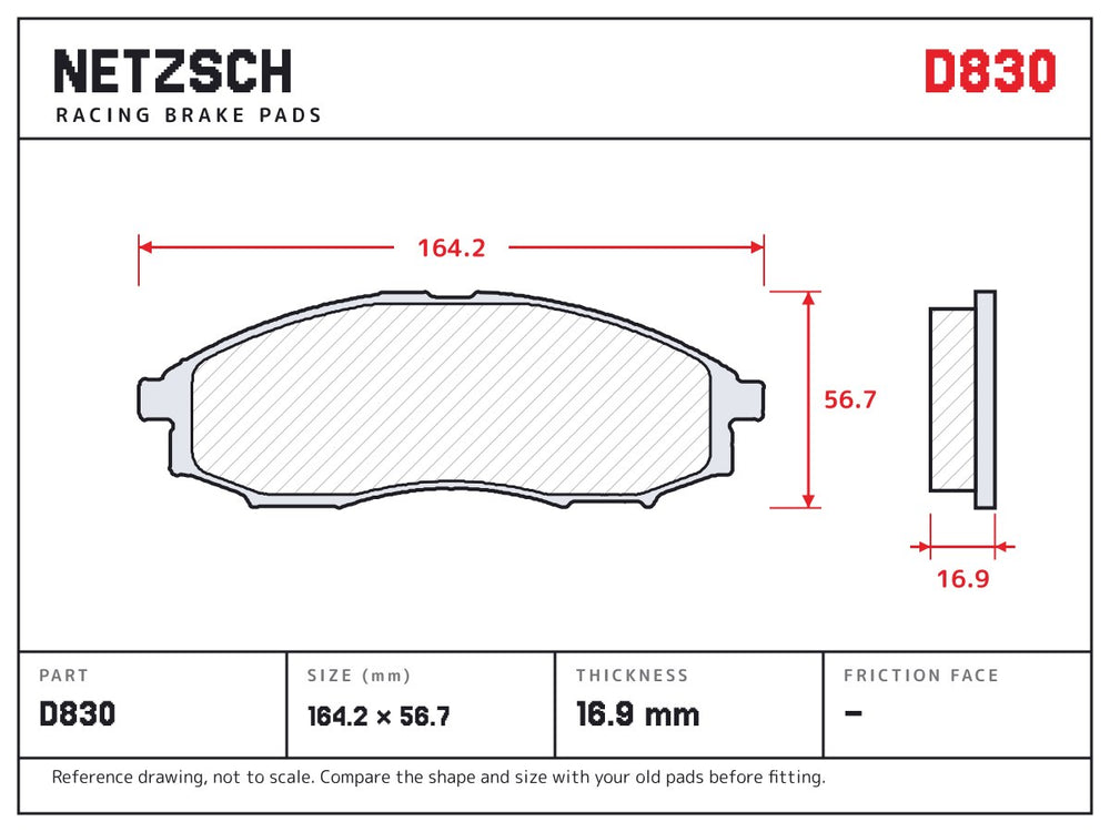 NETZSCH D830 brake pad drawing, 16.9 mm thick
