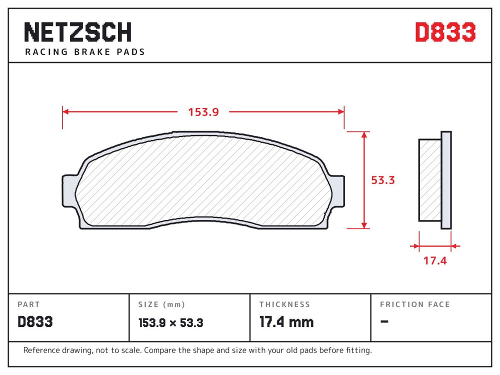 NETZSCH D833 brake pad drawing, 17.4 mm thick