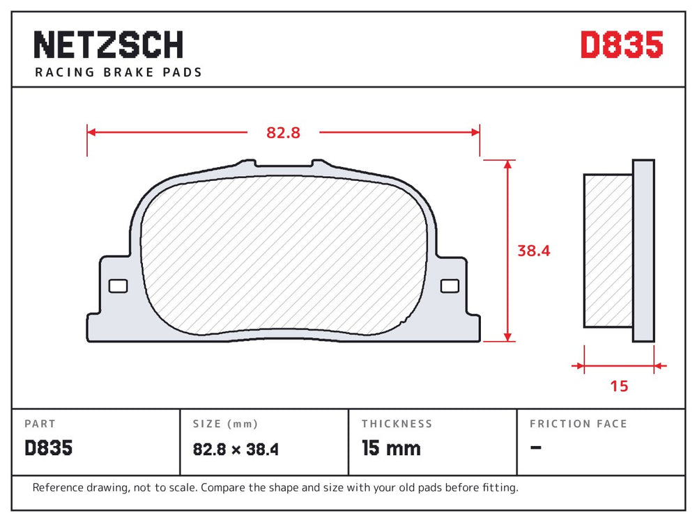 NETZSCH D835 brake pad drawing, 15 mm thick