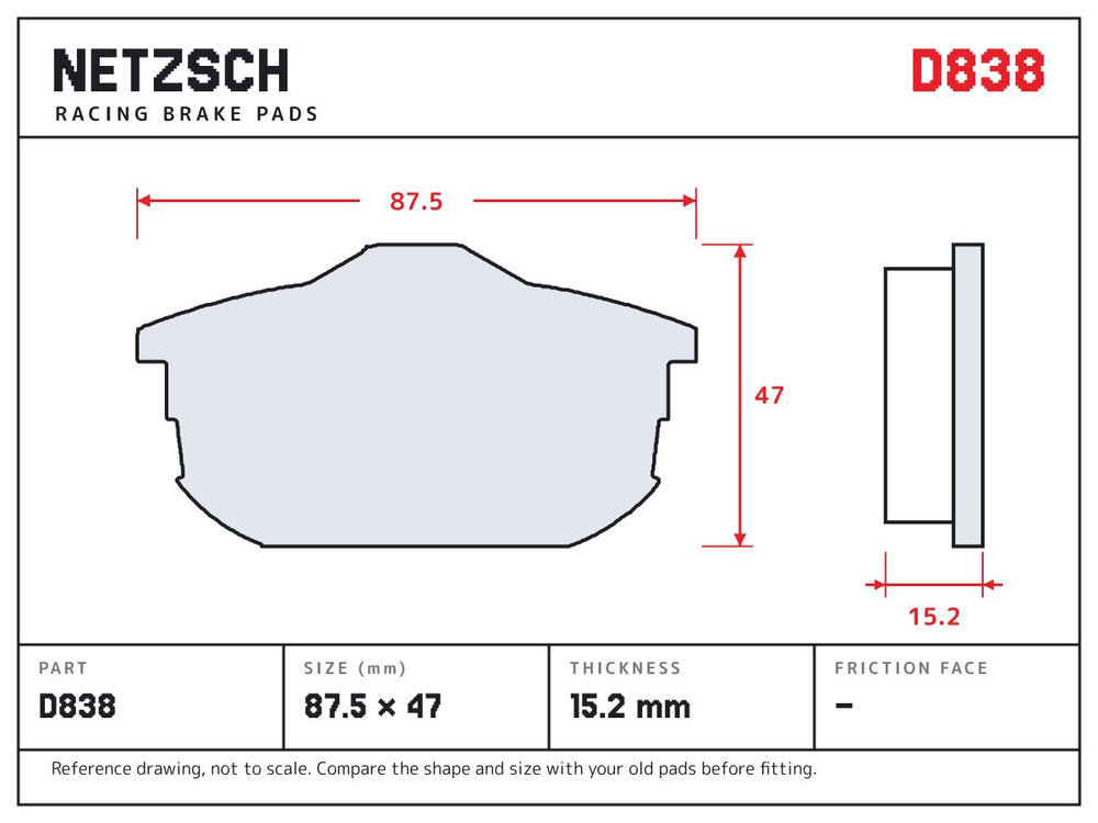 NETZSCH D838 brake pad drawing, 15.2 mm thick
