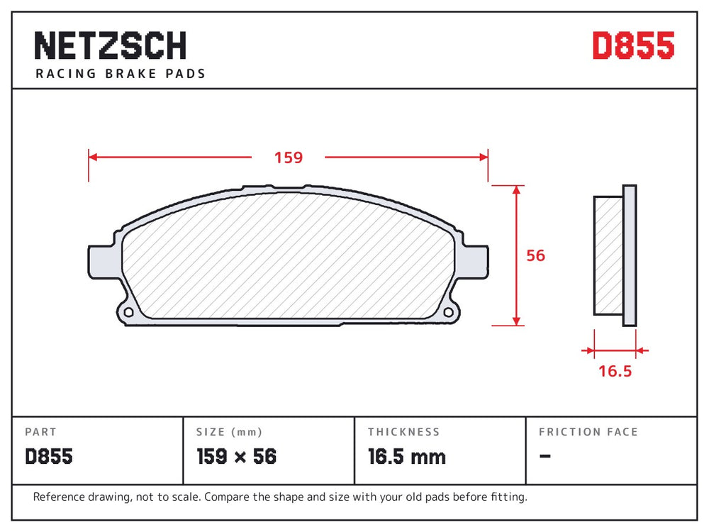 NETZSCH D855 brake pad drawing, 16.5 mm thick