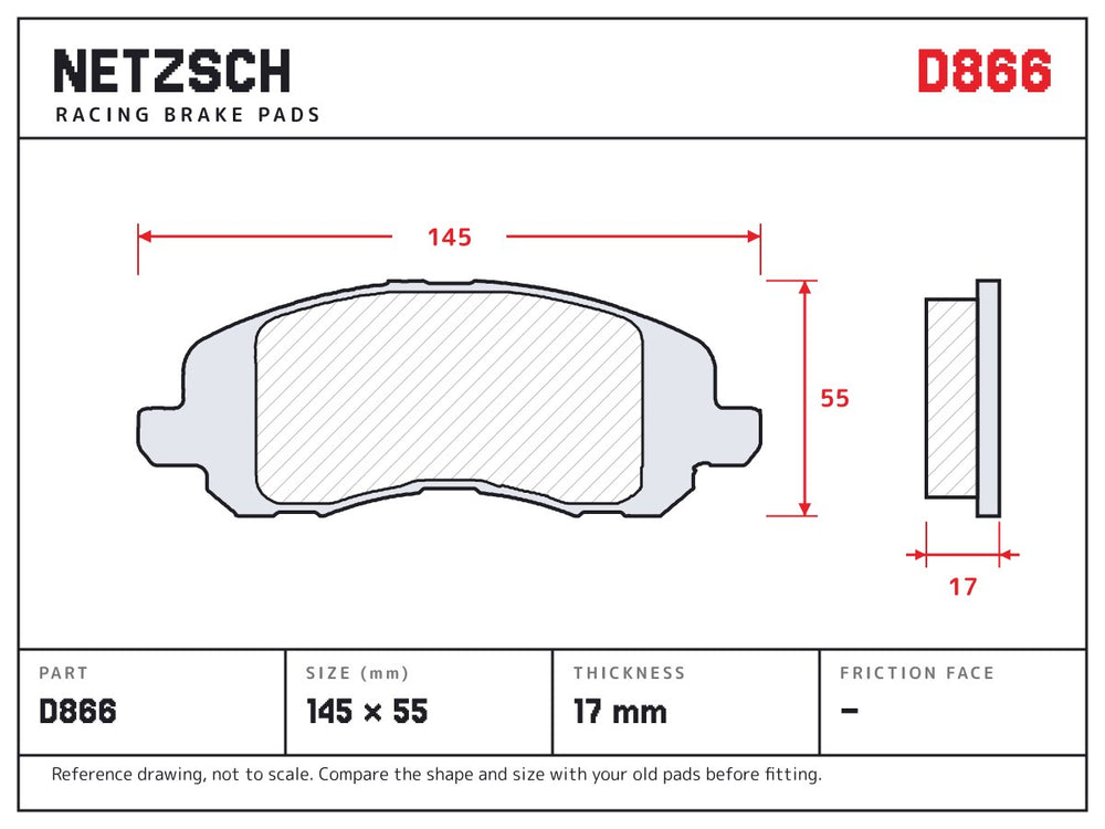 NETZSCH D866 brake pad drawing, 17 mm thick