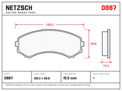 NETZSCH D867 brake pad drawing, 15.5 mm thick