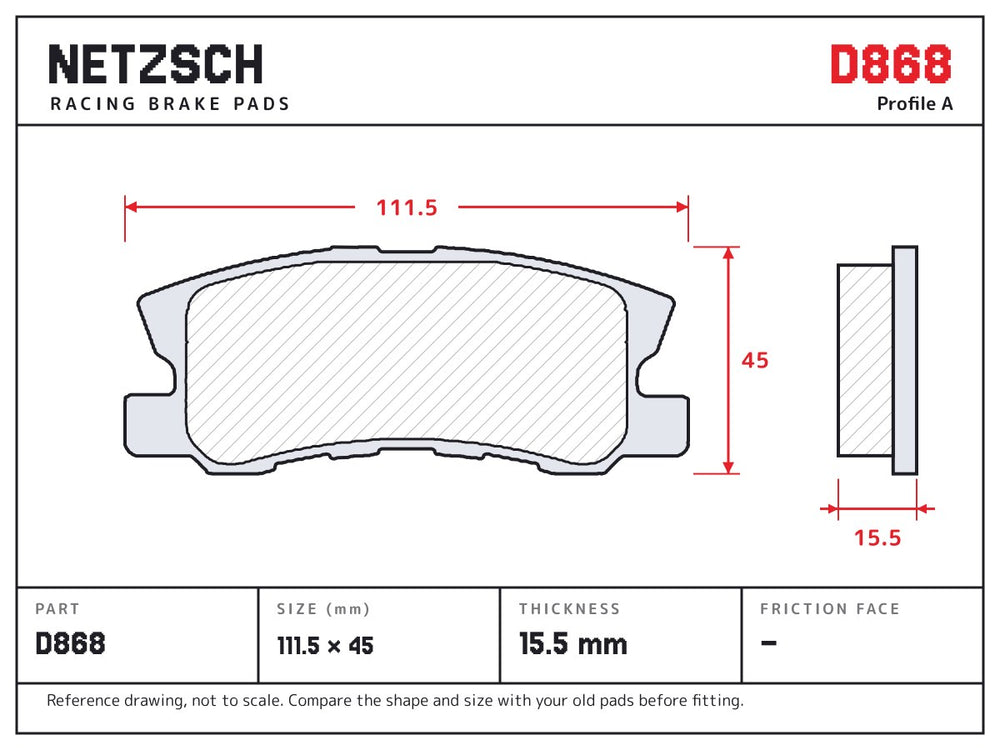 NETZSCH D868 brake pad drawing, 15.5 mm thick