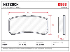 NETZSCH D868 brake pad drawing, 15.5 mm thick