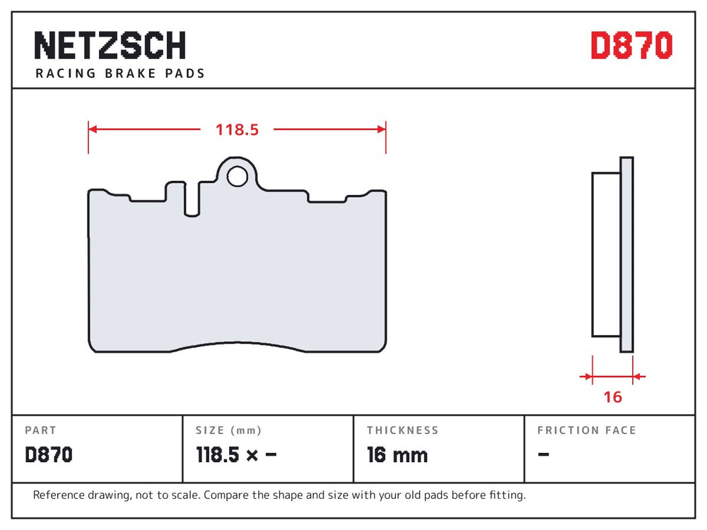NETZSCH D870 brake pad drawing, 16 mm thick