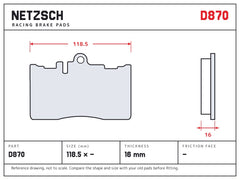 NETZSCH D870 brake pad drawing, 16 mm thick