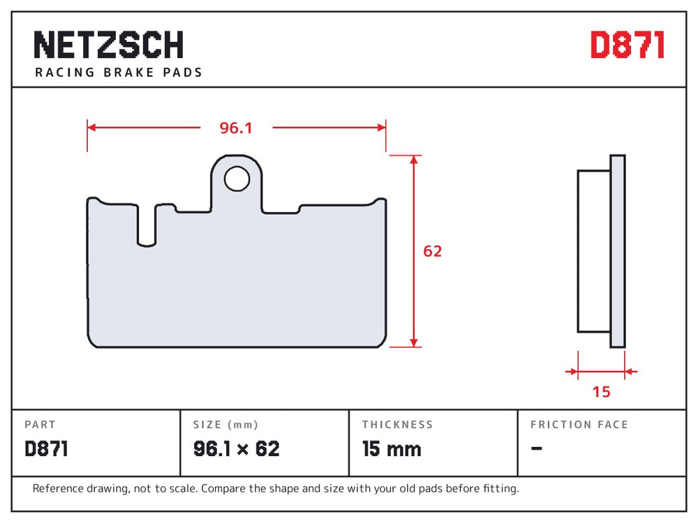 NETZSCH D871 brake pad drawing, 15 mm thick