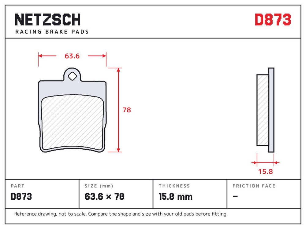 NETZSCH D873 brake pad drawing, 15.8 mm thick