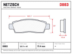 NETZSCH D883 brake pad drawing, 17.4 mm thick