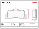 NETZSCH D885 brake pad drawing, 15.8 mm thick