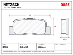 NETZSCH D885 brake pad drawing, 15.8 mm thick