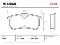 NETZSCH D886 brake pad drawing, 14.5 mm thick