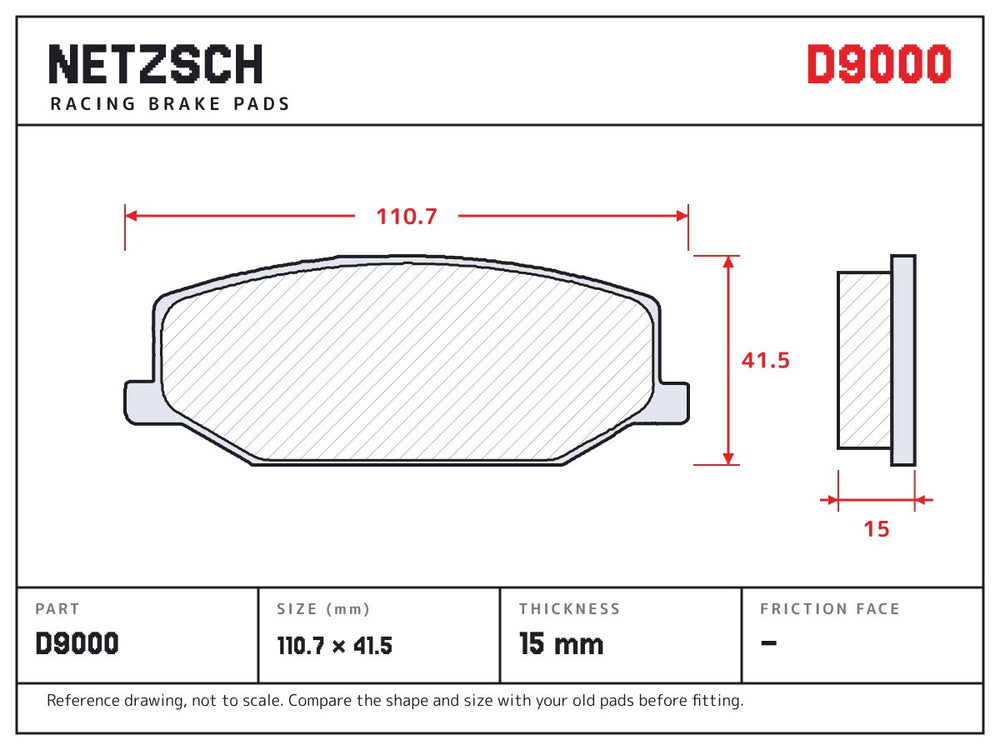 NETZSCH D9000 brake pad drawing, 15 mm thick