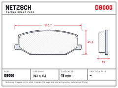 NETZSCH D9000 brake pad drawing, 15 mm thick