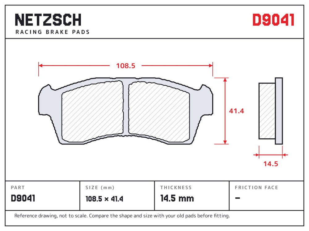 NETZSCH D9041 brake pad drawing, 14.5 mm thick