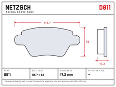 NETZSCH D911 brake pad drawing, 17.2 mm thick