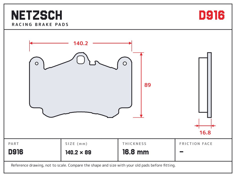 NETZSCH D916 brake pad drawing, 16.8 mm thick