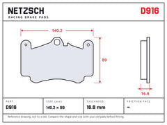 NETZSCH D916 brake pad drawing, 16.8 mm thick