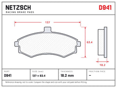 NETZSCH D941 brake pad drawing, 18.2 mm thick