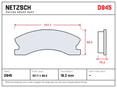NETZSCH D945 brake pad drawing, 19.2 mm thick