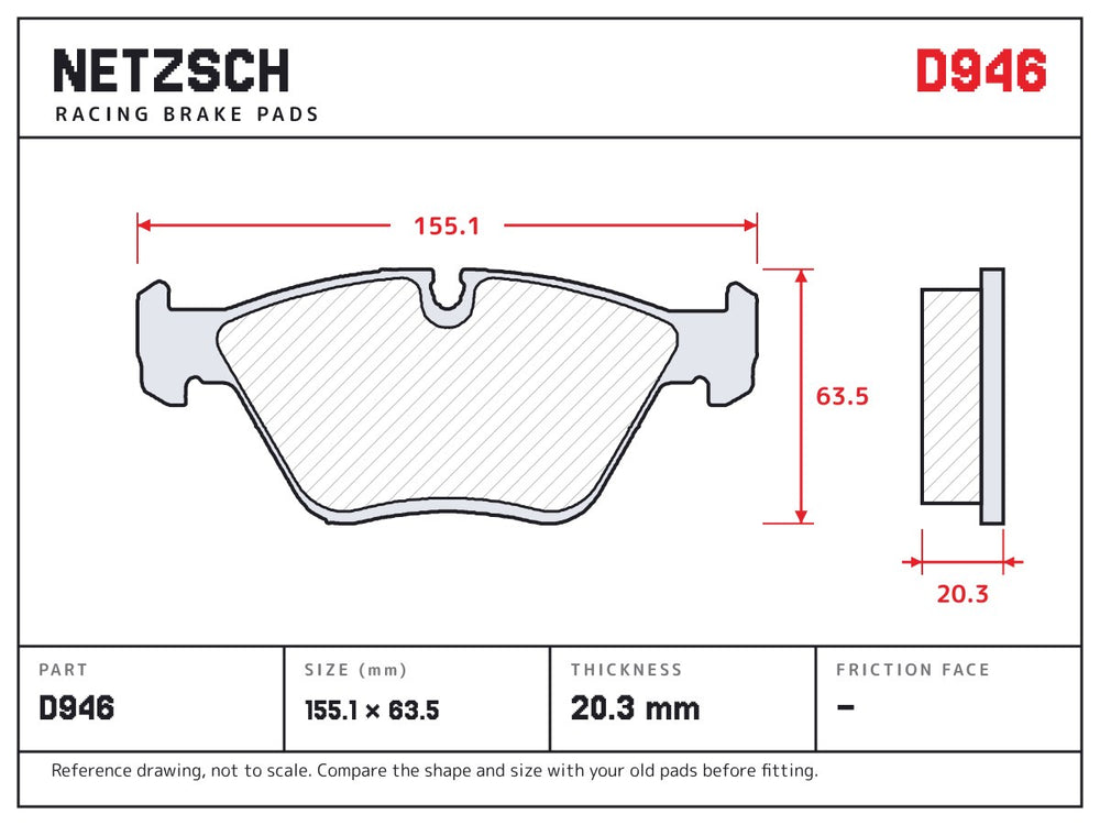 NETZSCH D946 brake pad drawing, 20.3 mm thick